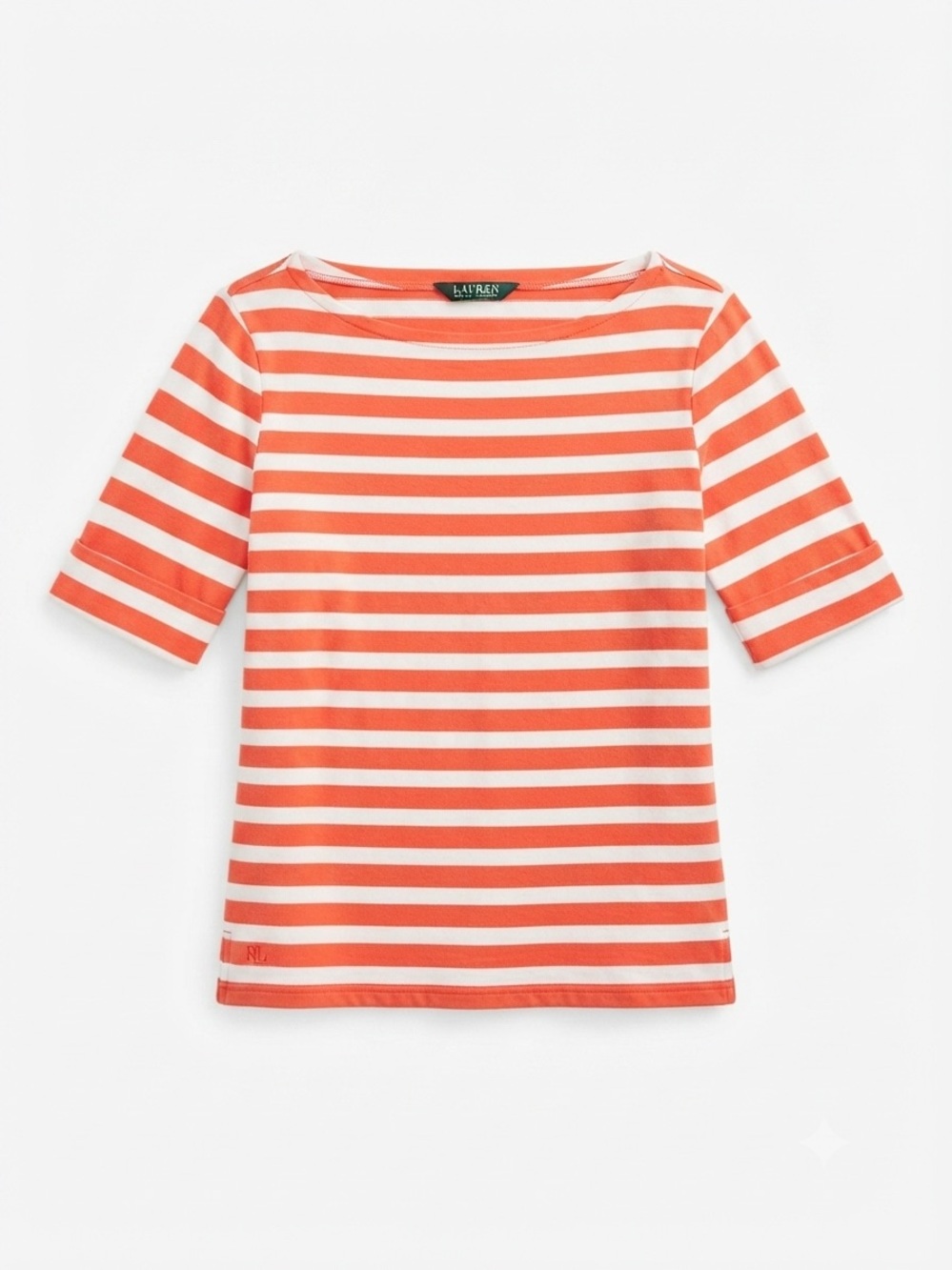 Lauren Ralph Lauren Coral & White Striped Boatneck Tee